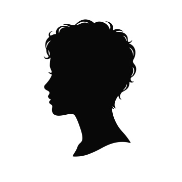 Sylwetka kobiety z profilu z krótkimi kręconymi włosami na białym tle - wektor